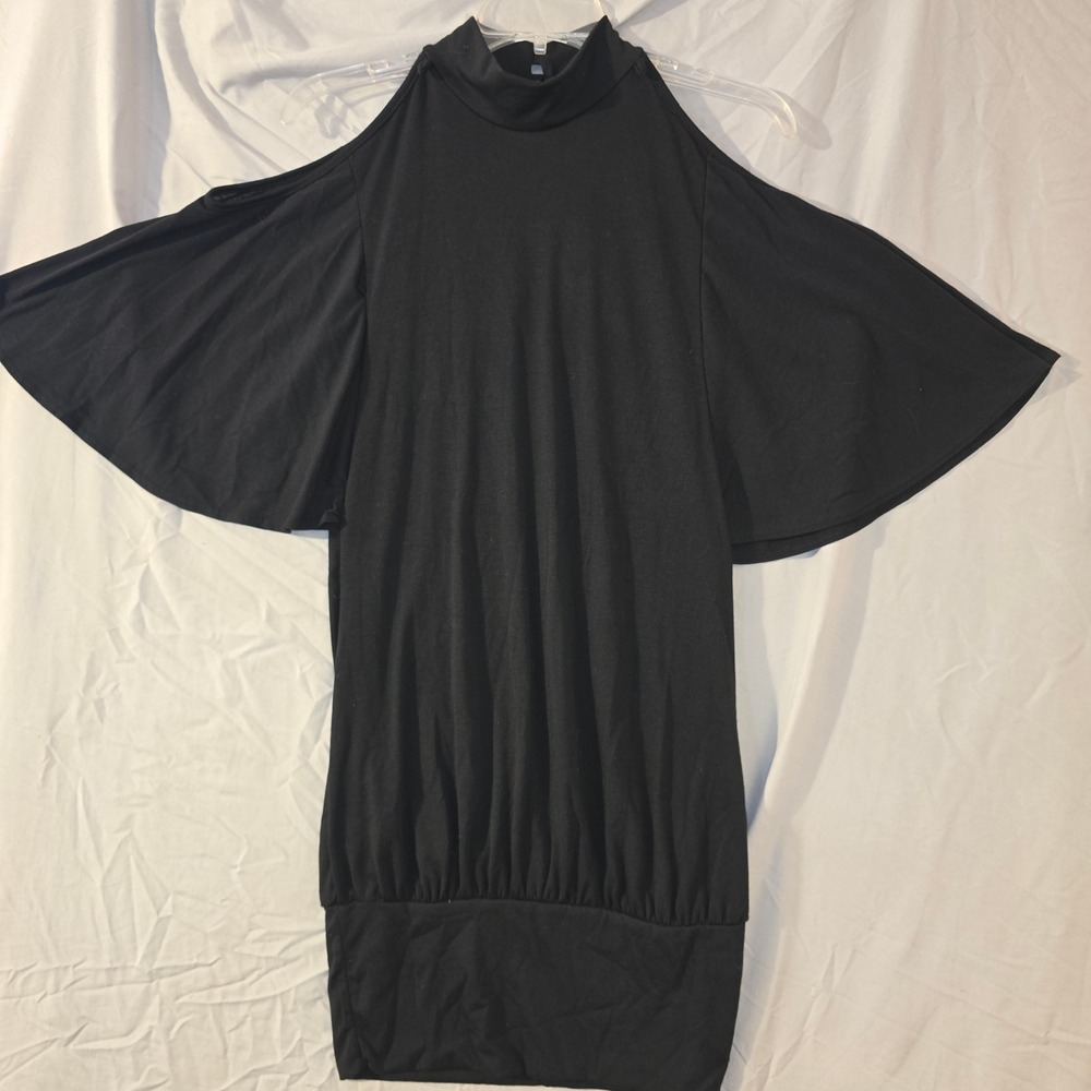 Chesley Mini Dress Medium Women Black Cold Shoulder Flutter Sleeve High Neck NEW